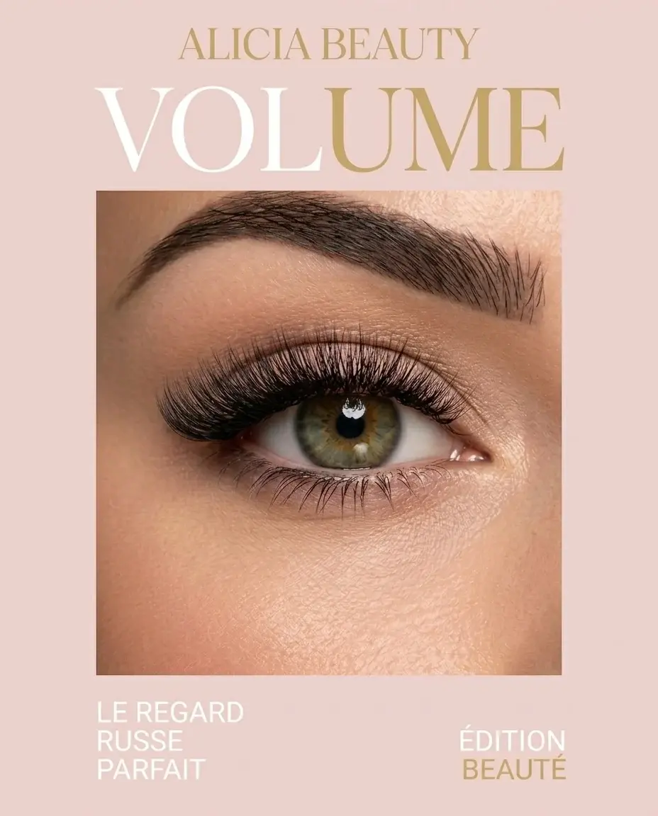 Affiche ALICIA BEAUTY « Volume, le regard russe parfait » : un œil vert aux extensions de cils volume russe